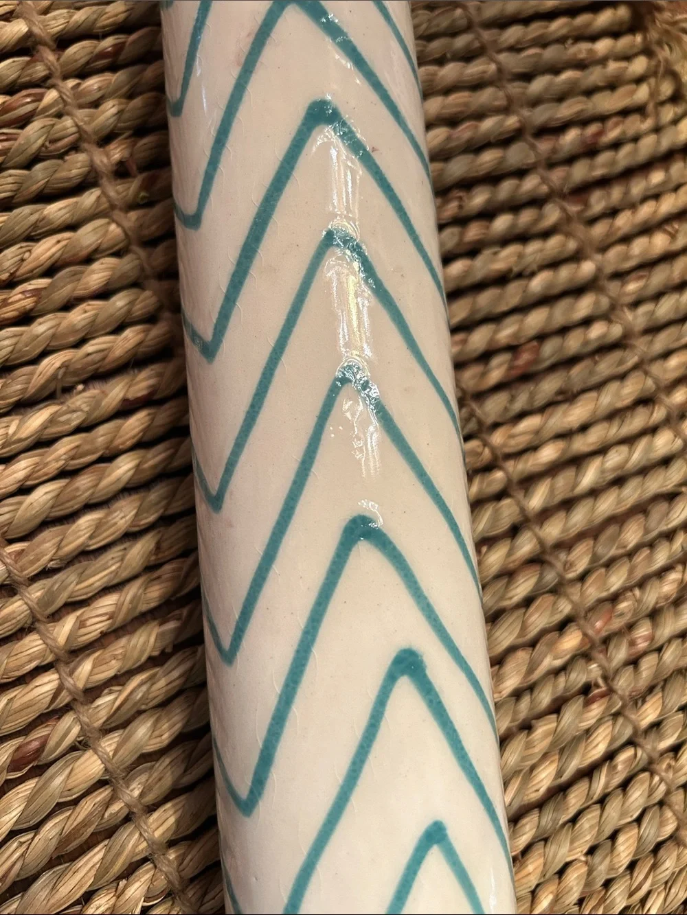 Anthropologie White Ceramic Rolling Pin with Teal Chevron Accent